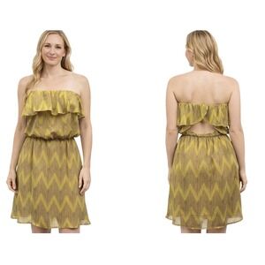 Maude Dress Size L Gold Chevron Cut Out Strapless Blouson Flounce Boho Festival